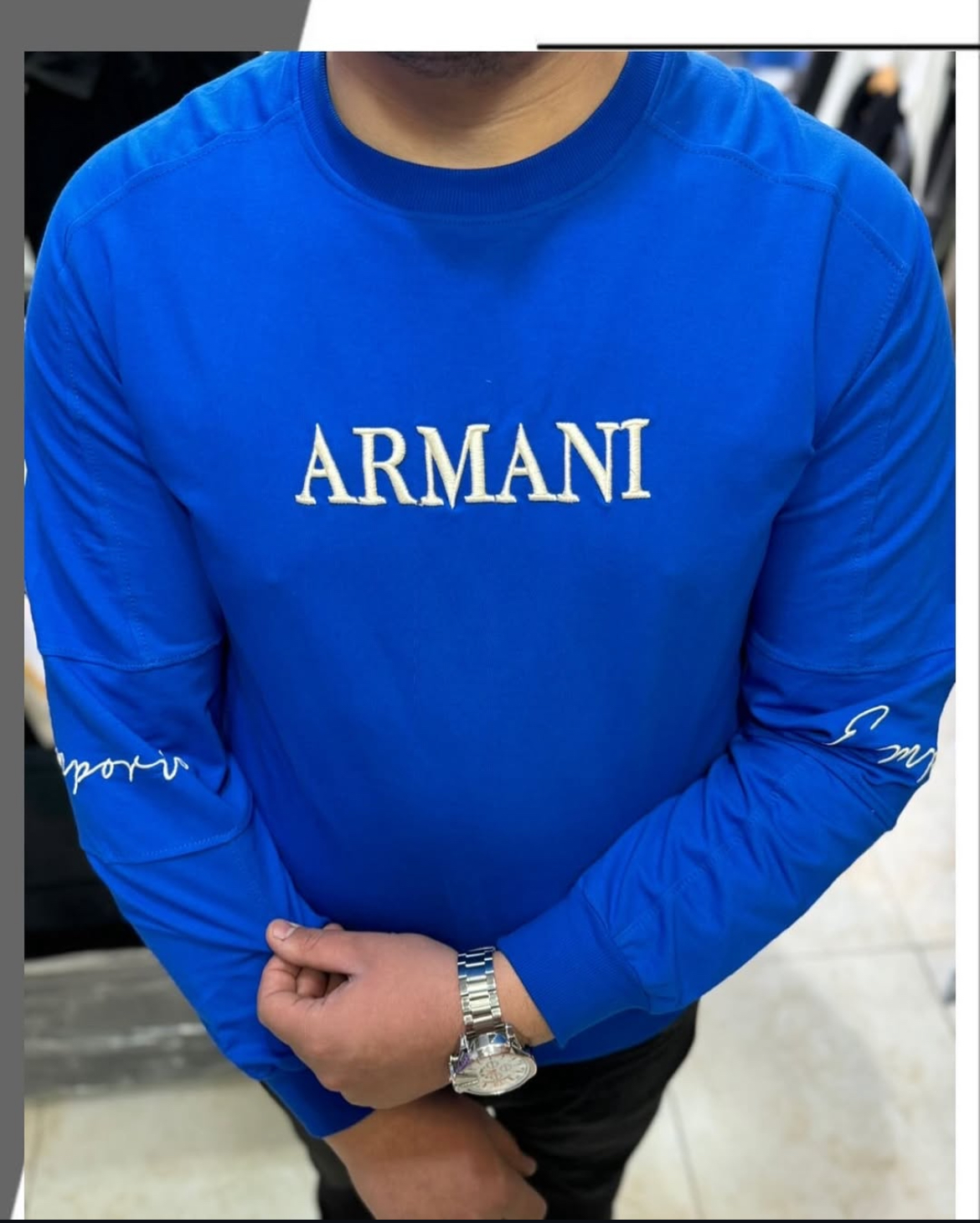 تیشرت مردانه آرمانی مدل آستین بلند یقه گرد جنس پارچه دونخ