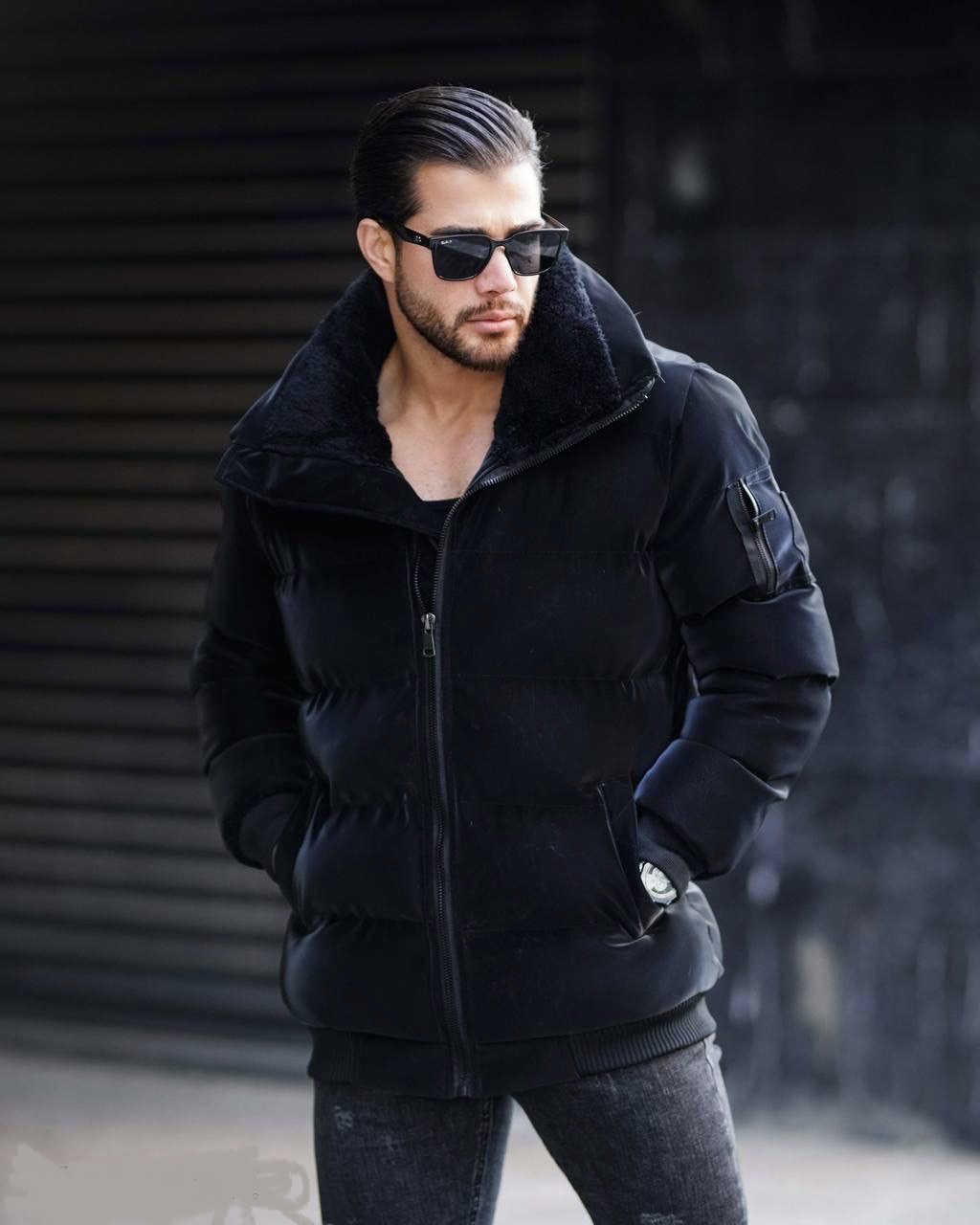 کاپشن مردانه یقه بلند خز دار مدل پوست ماری جنس چرم سیلیکنی وارداتی اصل